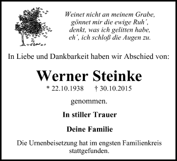 Traueranzeige von Werner Steinke von Wochen-Anzeiger Oberhausen