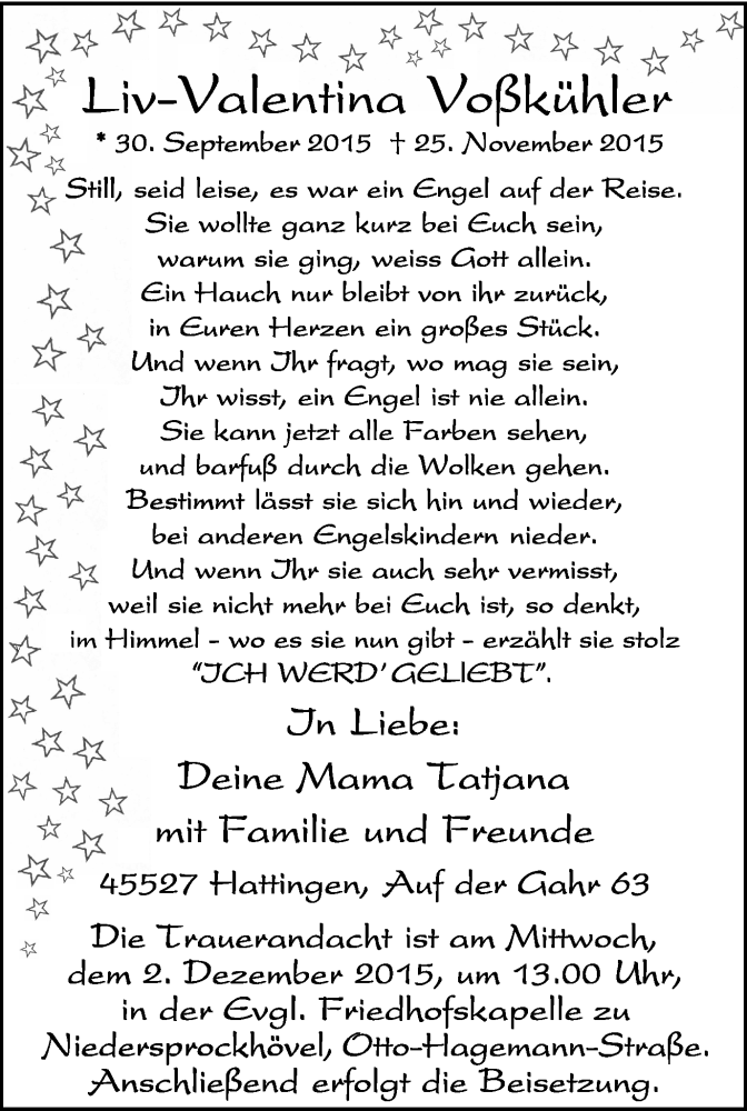  Traueranzeige für Liv-Valentina Voßkühler vom 28.11.2015 aus Stadtspiegel Hattingen/Niedersprockhövel