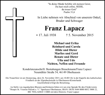 Traueranzeige von Franz Lapacz von Wochen-Anzeiger Oberhausen