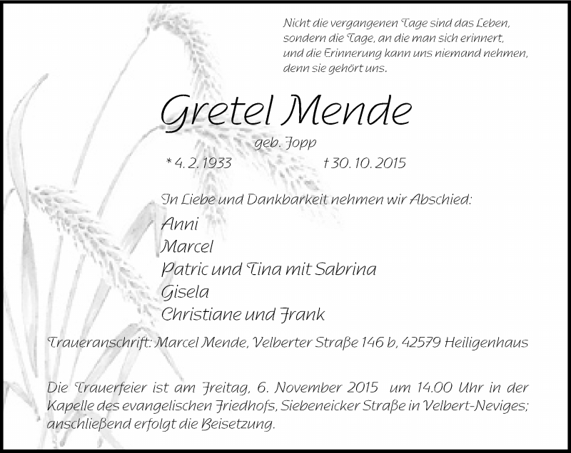  Traueranzeige für Gretel Mende vom 04.11.2015 aus Stadtanzeiger Velbert + Heiligenhaus