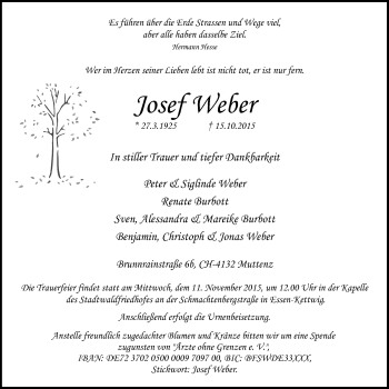 Traueranzeige von Josef Weber von Kettwig Kurier