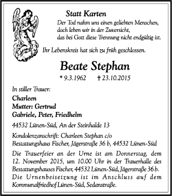 Traueranzeige von Beate Stephan von Lüner Anzeiger