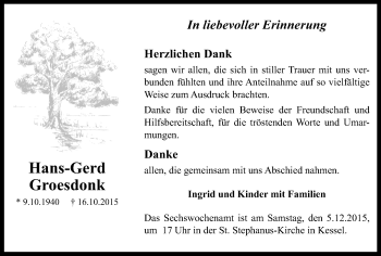 Traueranzeige von Hans-Gerd Groesdonk von Klever + Gocher Wochenblatt