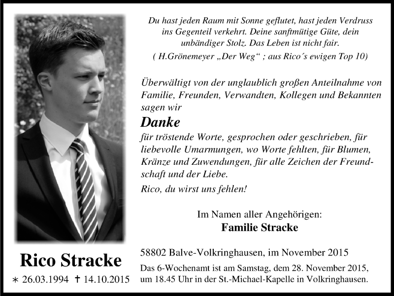  Traueranzeige für Rico Stracke vom 21.11.2015 aus Stadtspiegel Menden + Froendenberg