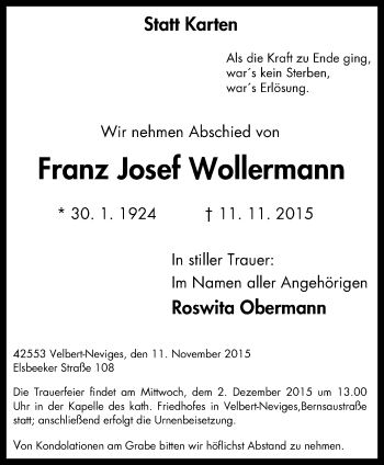 Traueranzeige von Franz Josef Wollermann von Stadtanzeiger Velbert + Heiligenhaus