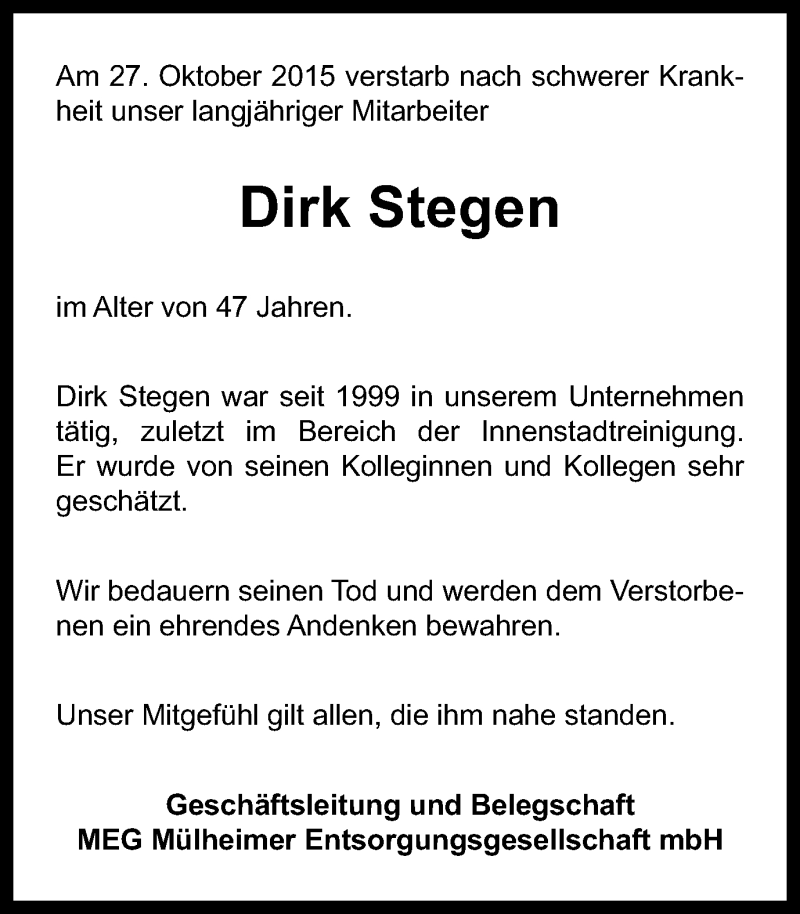  Traueranzeige für Dirk Stegen vom 07.11.2015 aus Mülheimer Woche