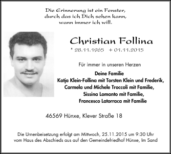 Traueranzeige von Christian Follina von Niederrhein-Anz. Dinsl./Voerde/Hünxe