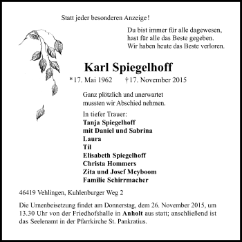 Traueranzeige von Karl Spiegelhoff von Stadtanzeiger Emmerich/Rees/Isselburg