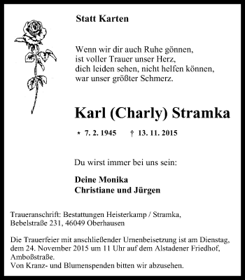 Traueranzeige von Karl  Stramka von Wochen-Anzeiger Oberhausen