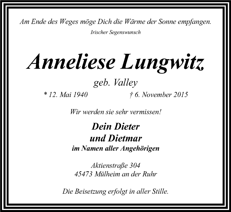  Traueranzeige für Anneliese Lungwitz vom 18.11.2015 aus Mülheimer Woche
