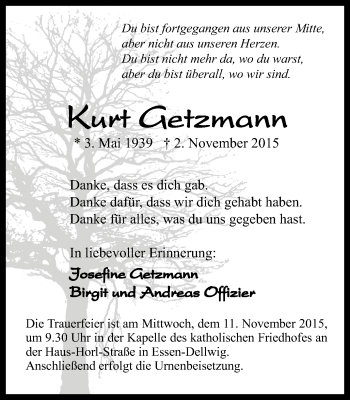 Traueranzeige von Kurt Getzmann von Borbeck Kurier