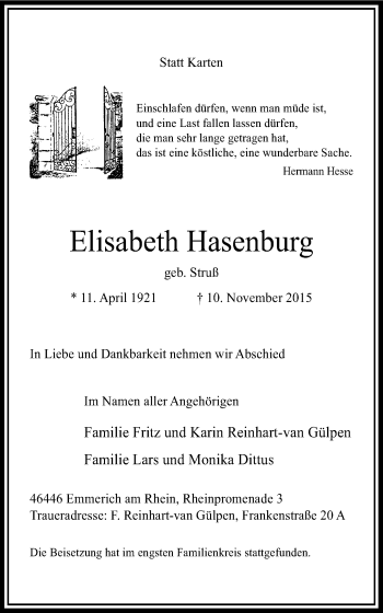 Traueranzeige von Elisabeth Hasenburg von Stadtanzeiger Emmerich/Rees/Isselburg