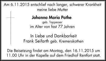 Traueranzeige von Johanna Maria Pathe von Stadtspiegel Gladbeck