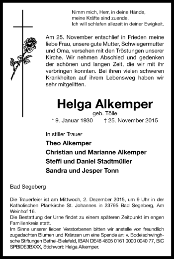 Traueranzeige von Helga Alkemper von Stadtspiegel Bottrop