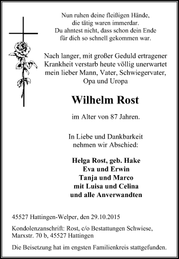 Traueranzeige von Wilhelm Rost von Stadtspiegel Hattingen/Niedersprockhövel