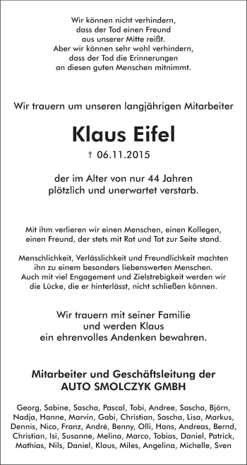 Traueranzeige von Klaus Eifel von Stadtspiegel Bochum + Wattenscheid