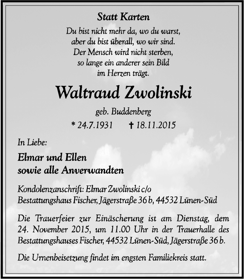  Traueranzeige für Waltraud Zwolinski vom 21.11.2015 aus Stadtanzeiger Dortmund