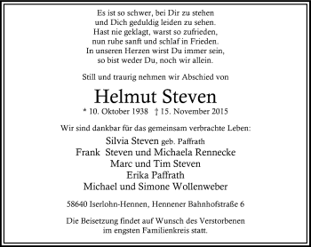 Traueranzeige von Helmut Steven von Stadtspiegel Iserlohn + Hemer