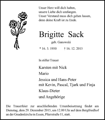 Traueranzeige von Brigitte Sack von Mülheimer Woche