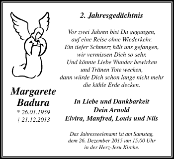 Traueranzeige von Margarete Badura von Stadtspiegel Bottrop