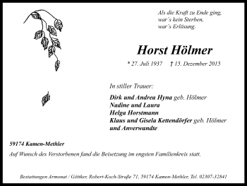 Traueranzeige von Horst Hölmer von Stadtspiegel Kamen + Unna