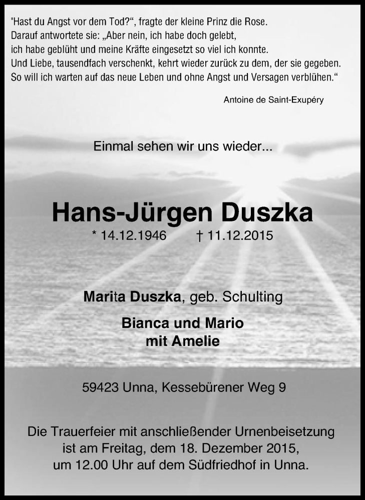  Traueranzeige für Hans-Jürgen Duszka vom 16.12.2015 aus Stadtspiegel Kamen + Unna