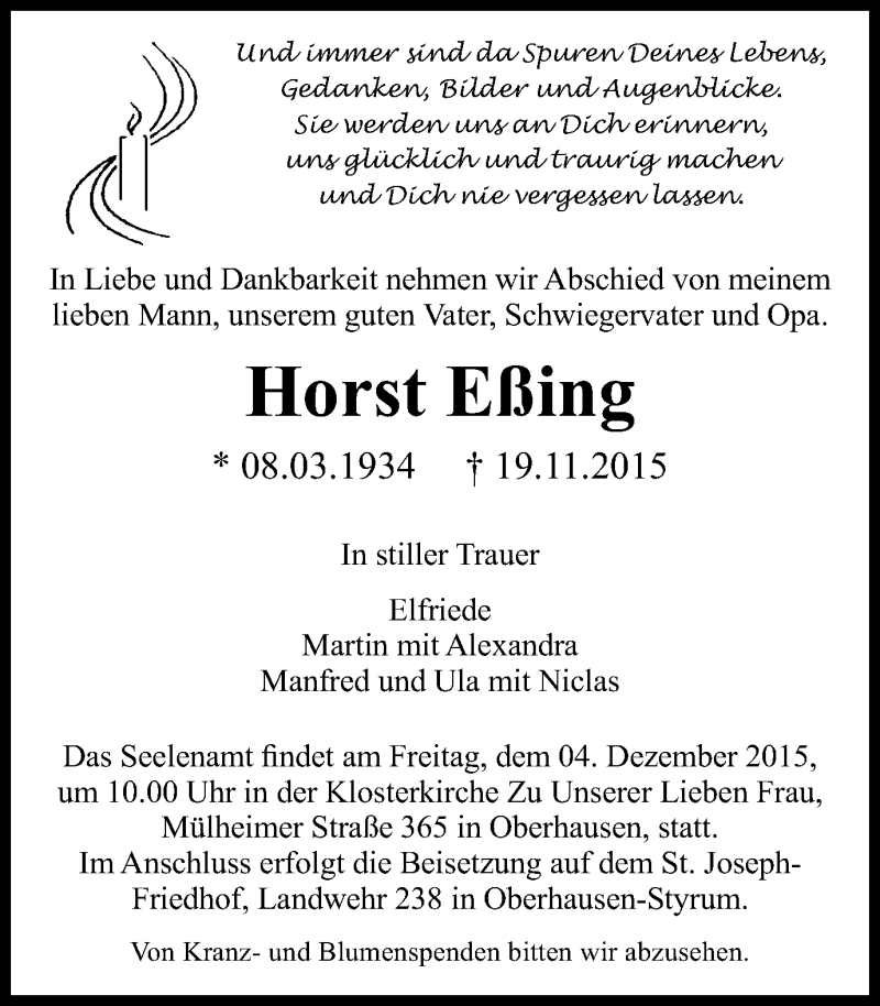 Traueranzeige für Horst Eßing vom 02.12.2015 aus Wochen-Anzeiger Oberhausen