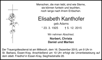 Traueranzeige von Elisabeth Kanthofer von Steeler Kurier