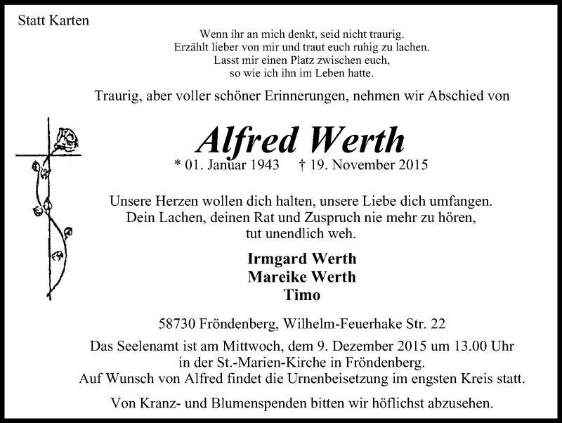  Traueranzeige für Alfred Werth vom 05.12.2015 aus Stadtspiegel Menden + Froendenberg