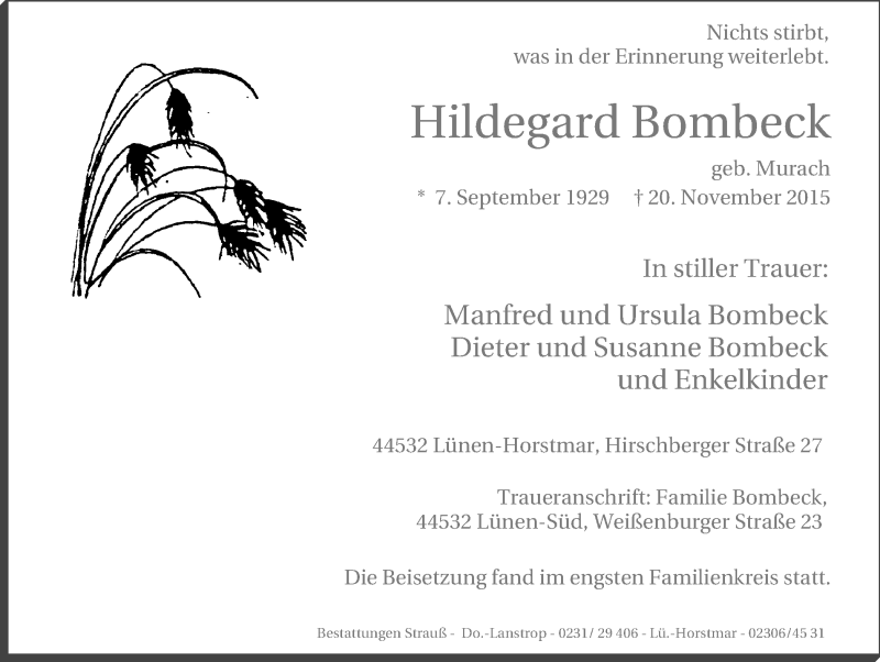  Traueranzeige für Hildegard Bombeck vom 05.12.2015 aus Lüner Anzeiger