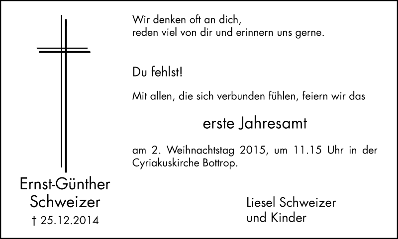  Traueranzeige für Ernst-Günther Schweizer vom 23.12.2015 aus Stadtspiegel Bottrop