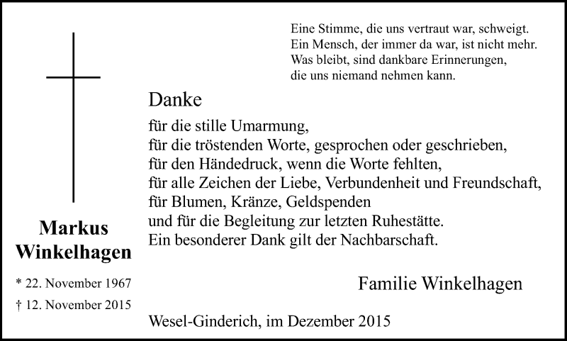  Traueranzeige für Markus Winkelhagen vom 09.12.2015 aus Der Weseler + Der Xantener