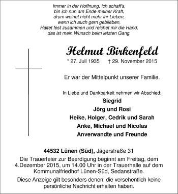 Traueranzeige von Helmut Birkenfeld von Lüner Anzeiger