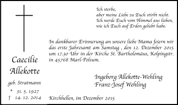 Traueranzeige von Caecilie Allekotte von Stadtspiegel Bottrop