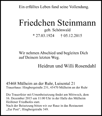 Traueranzeige von Friedchen Steinmann von Mülheimer Woche