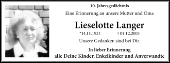 Traueranzeige von Lieselotte Langer von Wochen-Anzeiger Oberhausen