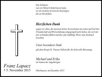 Traueranzeige von Franz Lapacz von Wochen-Anzeiger Oberhausen