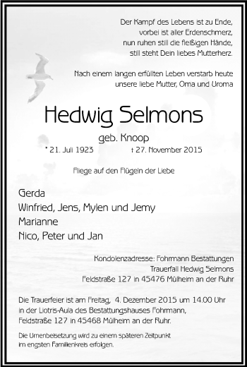 Traueranzeige von Hedwig Selmons von Mülheimer Woche
