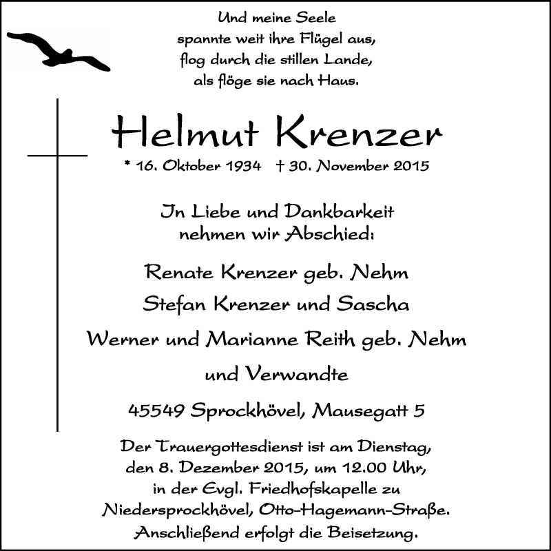  Traueranzeige für Helmut Krenzer vom 05.12.2015 aus Stadtspiegel Hattingen/Niedersprockhövel