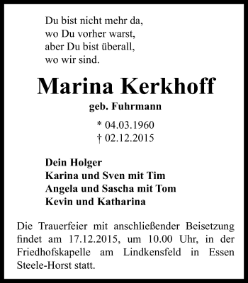 Traueranzeige von Marina Kerkhoff von Steeler Kurier