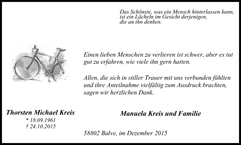  Traueranzeige für Thorsten Michael Kreis vom 12.12.2015 aus Stadtspiegel Iserlohn + Hemer