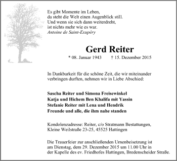 Traueranzeige von Gerd Reiter von Stadtspiegel Hattingen/Niedersprockhövel