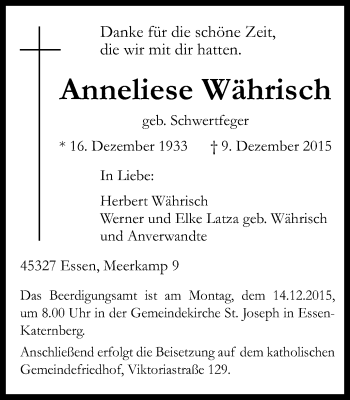 Traueranzeige von Anneliese Währisch von Nord Anzeiger Essen