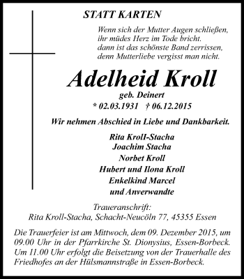 Traueranzeige von Adelheid Kroll von Borbeck Kurier