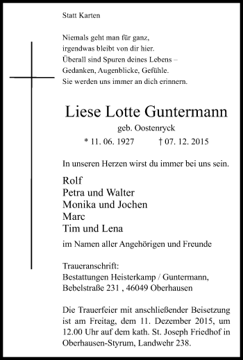 Traueranzeige von Liese Lotte Guntermann von Wochen-Anzeiger Oberhausen