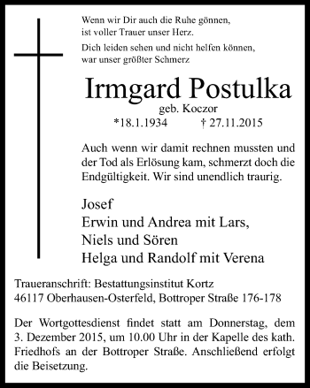 Traueranzeige von Irmgard Postulka von Wochen-Anzeiger Oberhausen