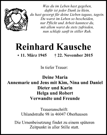 Traueranzeige von Reinhard Kausche von Wochen-Anzeiger Oberhausen