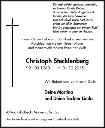 Traueranzeige von Christoph Stecklenberg von Stadtspiegel Gladbeck