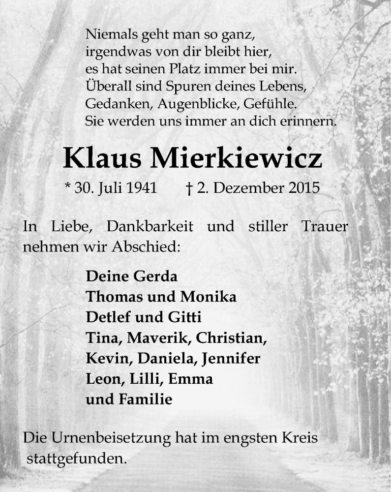  Traueranzeige für Klaus Mierkiewicz vom 12.12.2015 aus Wochen-Anzeiger Oberhausen