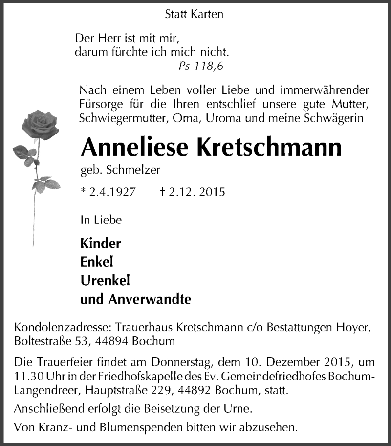  Traueranzeige für Anneliese Kretschmann vom 05.12.2015 aus Stadtspiegel Bochum